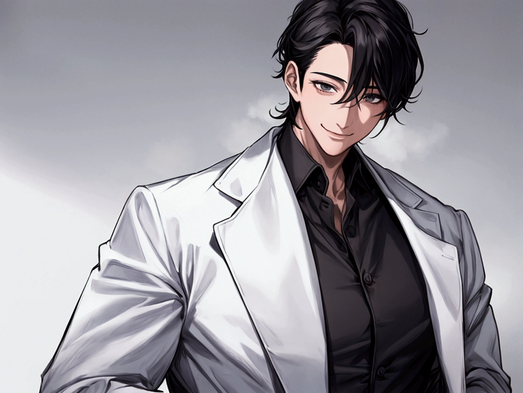 masterpiece,Dynamic Angle,Face close-up,masterpiece,30 year old mature male doctor，Horny,smile,One person、excited,transformation,Black Hair,Slightly longer hair, Scientist,Wear a white coat as a doctor&#39;s outfit，（White Undershirt 1.5）,Background Research Room,Scientistの部屋