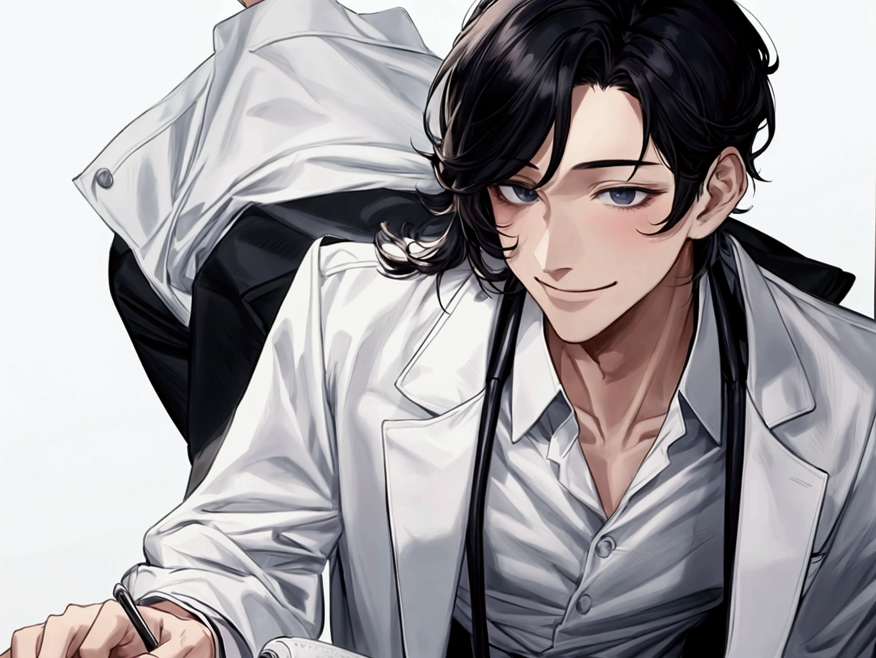 masterpiece,Dynamic Angle,Face close-up,masterpiece,30 year old mature male doctor，Horny,smile,One person、excited,transformation,Black Hair,Slightly longer hair, Scientist,Wear a white coat as a doctor&#39;s outfit，（White Undershirt 1.5）,Background Research Room,Scientistの部屋