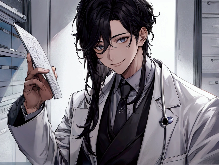 masterpiece,Dynamic Angle,Face close-up,masterpiece,30 year old mature male doctor,Horny,smile,One person、excited,transformation,Black Hair,Slightly longer hair, Scientist,Wear a white coat as a doctor's outfit,(White Undershirt 1.5),Background Research Room,Scientistの部屋