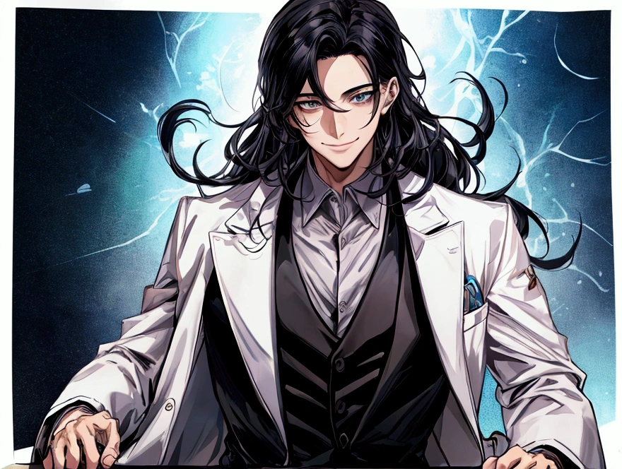 masterpiece,Dynamic Angle,Face close-up,masterpiece,30 year old mature male doctor,Horny,smile,One person、excited,transformation,Black Hair,Slightly longer hair, Scientist,Wear a white coat as a doctor's outfit,(White Undershirt 1.5),Background Research Room,Scientistの部屋