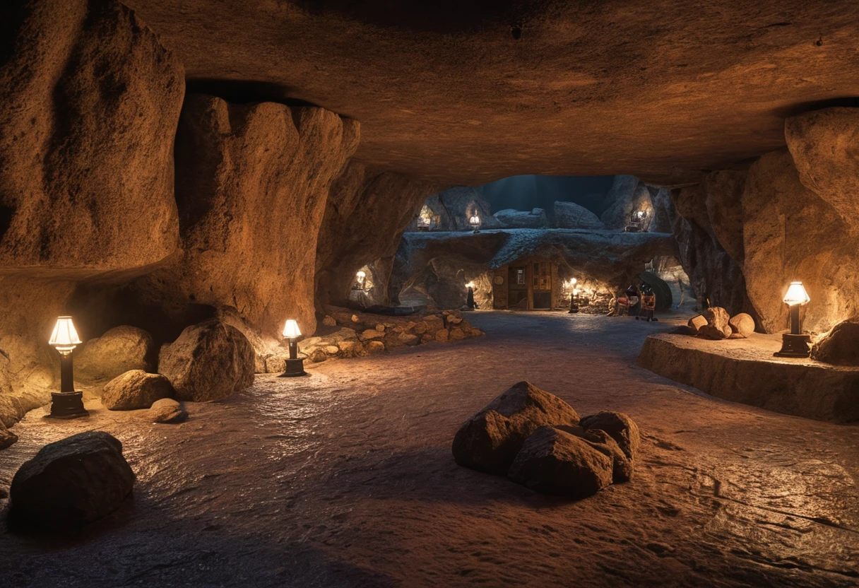 Underground Caves,Bustling miniature city,Pleasant lighting,Warm and friendly atmosphere,figure,(Very detailed:1.1),(Realistic:1.1),Professional,Physically Based Rendering,Vibrant colors,Portraiture,(Dark ambient lighting:1.1)