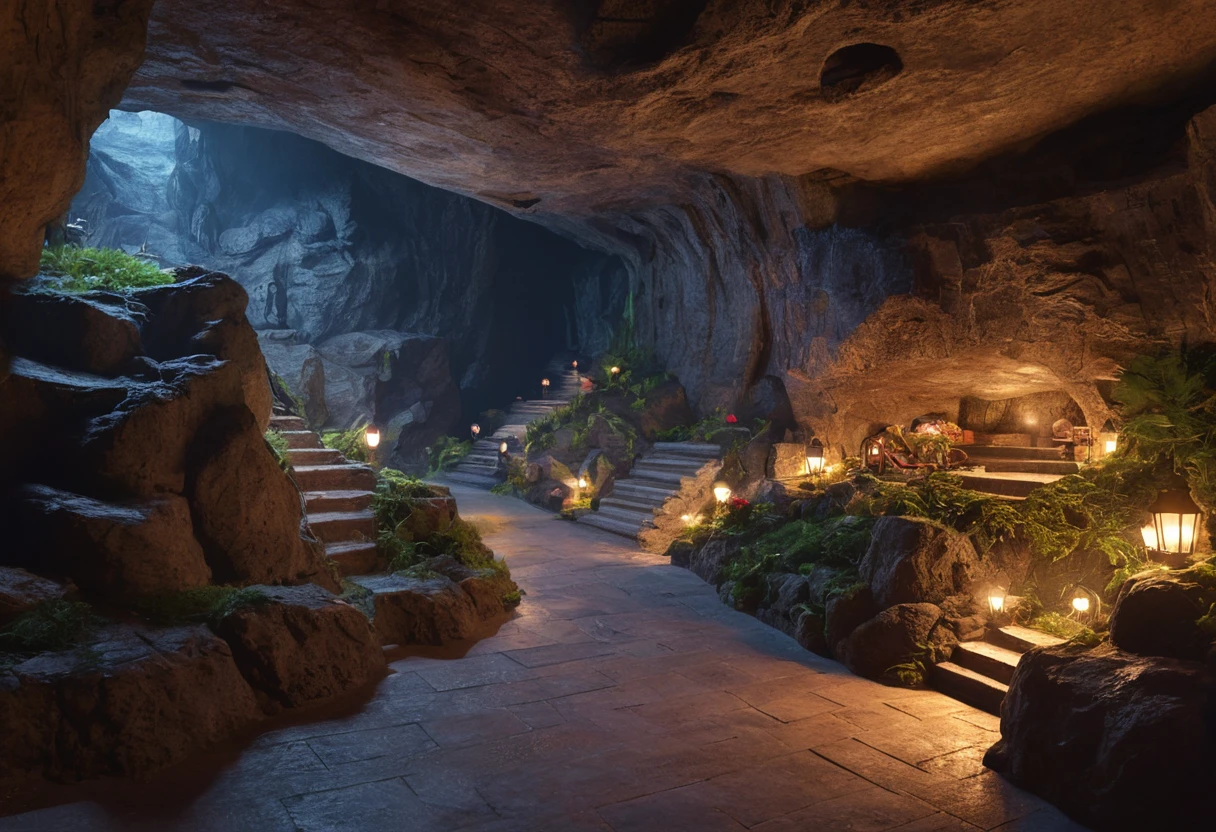Underground Caves,Bustling miniature city,Pleasant lighting,Warm and friendly atmosphere,figure,(Very detailed:1.1),(Realistic:1.1),Professional,Physically Based Rendering,Vibrant colors,Portraiture,(Dark ambient lighting:1.1)