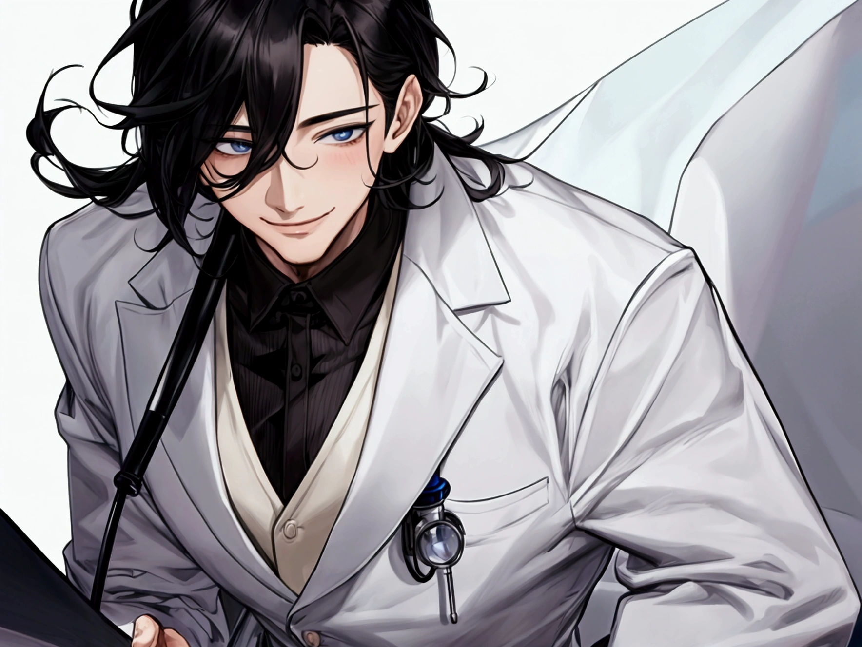 masterpiece,Dynamic Angle,Face close-up,masterpiece,30 year old mature male doctor，Horny,smile,One person、excited,transformation,Black Hair,Slightly longer hair, Scientist,Wear a white coat as a doctor&#39;s outfit，（White Undershirt 1.5）,Background Research Room,Scientistの部屋