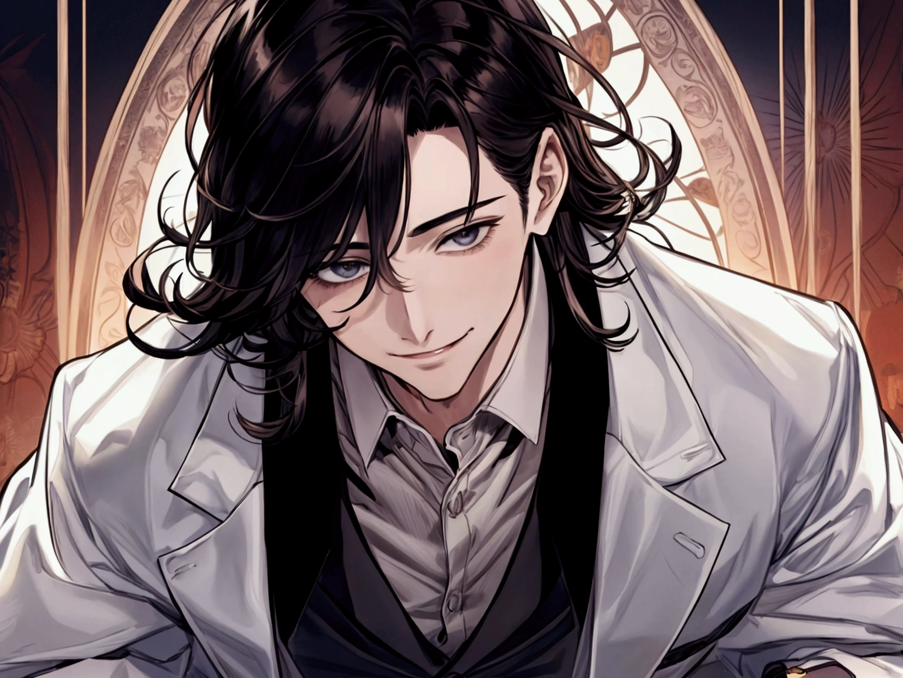 masterpiece,Dynamic Angle,Face close-up,masterpiece,30 year old mature male doctor,Horny,smile,One person、excited,transformation,Black Hair,Slightly longer hair, Scientist,Wear a white coat as a doctor's outfit,(White Undershirt 1.5),Background Research Room,Scientistの部屋