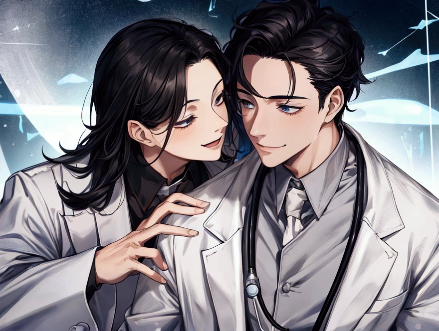 masterpiece,Dynamic Angle,Face close-up,masterpiece,30 year old mature male doctor,Horny,smile,One person、excited,transformation,Black Hair,Slightly longer hair, Scientist,Wear a white coat as a doctor's outfit,(White Undershirt 1.5),Background Research Room,Scientistの部屋