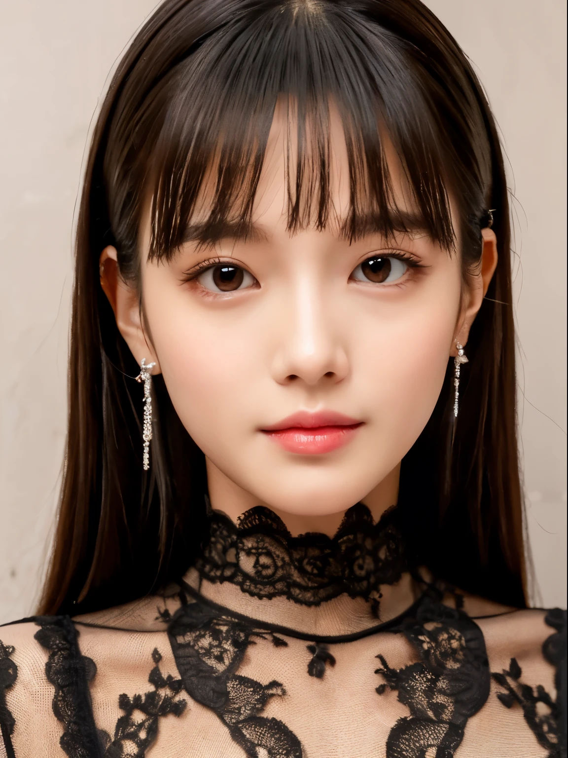 (8k, Top quality, Masterpiece:1.2), (Realistic, photo-realistic:1.37), Super detailed, perfect anatomy, cute, small eyes, formal dress, 18-years old, a Japanese, girl, lipstick, mascara, eye shadow, at night, pendant,