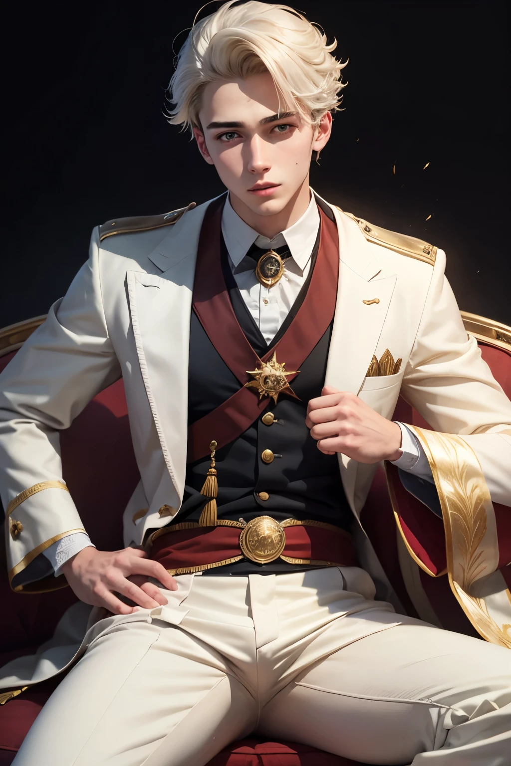 24 year old boy, by white, with king&#39;s crown, holding queen crown in her right hand, necklace with a K, sitting on a broken throne, by white y ojos azules, head looking down slightly shedding tears, black and red royal robe