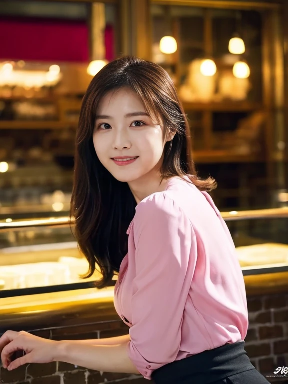 1 girl, (wearing a pink blouse:1.2), black short skirt, beautiful japanese actress, (RAW photo, highest quality), (realistic, Photoreal:1.4), masterpiece, very delicate and beautiful, very detailed, 2K wallpaper, wonderful, finely, Very detailed CG Unity 8K 壁紙, Super detailed, High resolution, soft light, beautiful detailed girl, very detailed目と顔, smile, beautifully detailed nose, beautiful and detailed eyes, Long hair, cinematic lighting, BREAK, (Against the backdrop of a outside the cafe terrace 1.3), city lights, perfect , slender body, smile, Body the front completely, (look at the camera), (waist shot), (emphasize big breasts), full body shot,