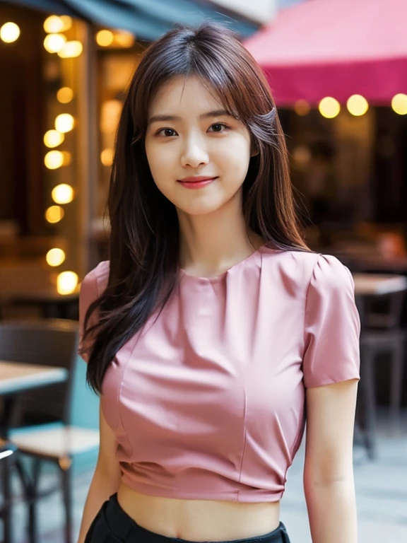 1 girl, (wearing a pink blouse:1.2), black short skirt, beautiful japanese actress, (RAW photo, highest quality), (realistic, Photoreal:1.4), masterpiece, very delicate and beautiful, very detailed, 2K wallpaper, wonderful, finely, Very detailed CG Unity 8K 壁紙, Super detailed, High resolution, soft light, beautiful detailed girl, very detailed目と顔, smile, beautifully detailed nose, beautiful and detailed eyes, Long hair, cinematic lighting, BREAK, (Against the backdrop of a outside the cafe terrace 1.3), city lights, perfect anatomy, slender body, smile, Body the front completely, (look at the camera), (waist shot), (emphasize big breasts), full body shot,