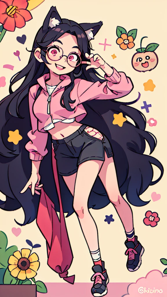 masterpiece, Highest quality,Black Hair,Pink eyes,Long Hair,Straight Hair,Glasses,smile,Wolf Ears,whole body,Cute pose