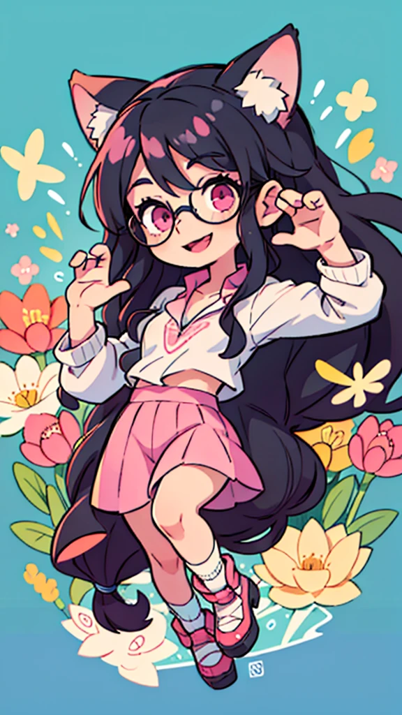 masterpiece, Highest quality,Black Hair,Pink eyes,Long Hair,Straight Hair,Glasses,smile,Wolf Ears,whole body,Cute pose