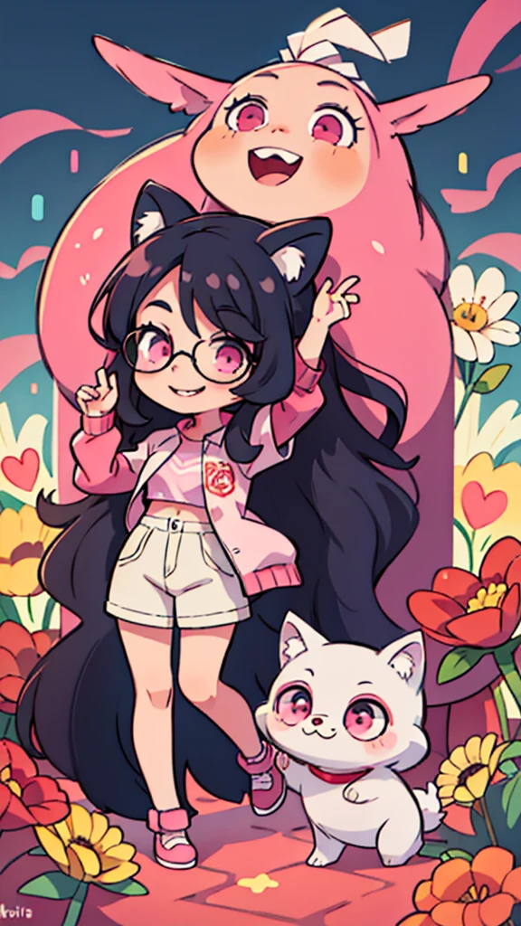 masterpiece, Highest quality,Black Hair,Pink eyes,Long Hair,Straight Hair,Glasses,smile,Wolf Ears,whole body,Cute pose