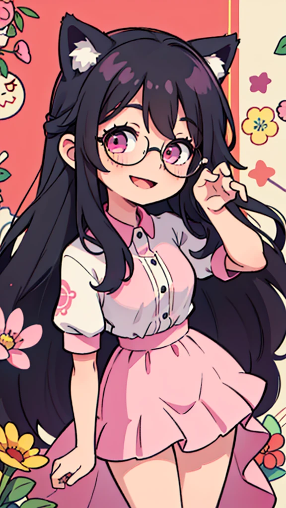 masterpiece, Highest quality,Black Hair,Pink eyes,Long Hair,Straight Hair,Glasses,smile,Wolf Ears,whole body,Cute pose