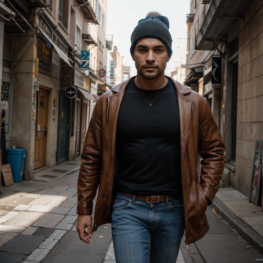 a huge muscular man, bald, brown leather jacket, blue jeans, beanie hat, casual outfit, photorealistic, hyper detailed, cinematic lighting, 8k, award winning, masterpiece