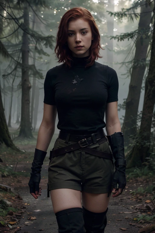 Addison Carver, Anastasia Baranova, Teen Wolf, girl, 20 years old, short messy red hair, slim muscular build, blue eyes, military vest, black short sleeve shirt, dark black, black hunter belt, light brown combat boots , hanging crow, black fingerless gloves forest background with fog