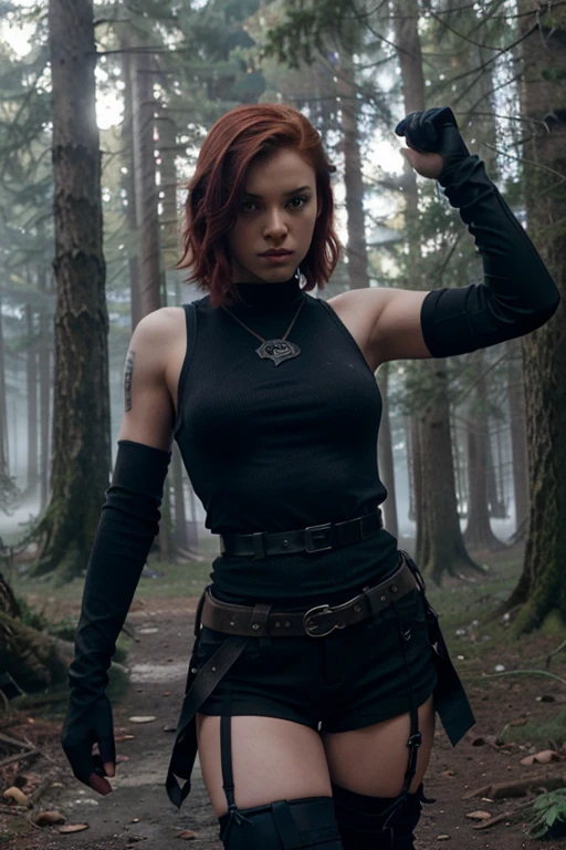 Addison Carver, Anastasia Baranova, Wolf, girl, 20 years old, short messy red hair, slim muscular build, blue eyes, military vest, black short sleeve shirt, dark black, black hunter belt, light brown combat boots , hanging crow, black fingerless gloves forest background with fog