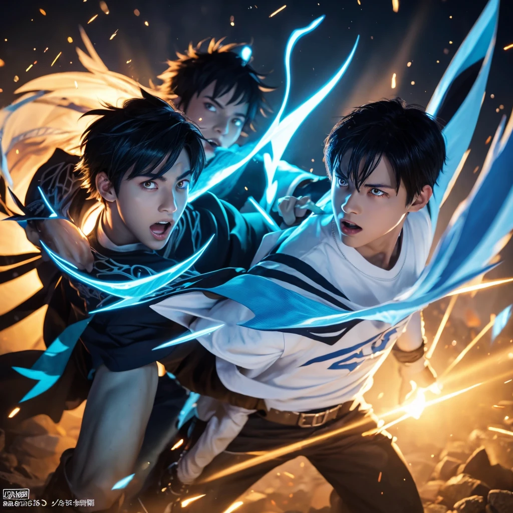 a monster standing next to a guy with blue wings that looks like he is a 1boy, glowing A close up of A man high, angle perspective, Wind Standing, of a Boys fighting, Sword with Lens lighting cool Blue fire, to High, a boy anime Highest style, by powerful Sword fight Effects, White with T-shirts with Color cape with Blue, in a shot hair, A mouth Facenya, Boys Black Hair, with the Yellow Eyes, in cool Realistis, a background sunset, digital style, Animation3D Lens flare 5K