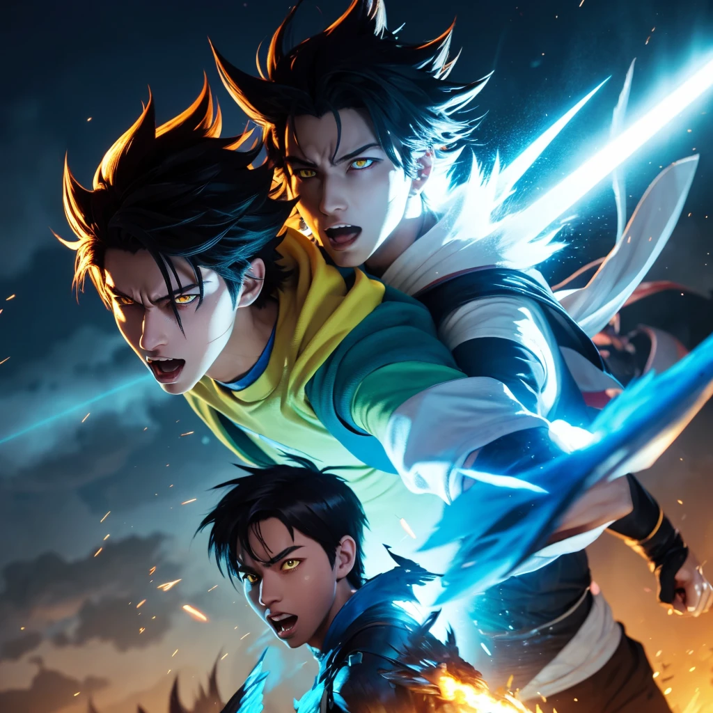 a monster standing next to a guy with blue wings that looks like he is a 1boy, glowing A close up of A man high, angle perspective, Wind Standing, of a Boys fighting, Sword with Lens lighting cool Blue fire, to High, a boy anime Highest style, by powerful Sword fight Effects, White with T-shirts with Color cape with Blue, in a shot hair, A mouth Facenya, Boys Black Hair, with the Yellow Eyes, in cool Realistis, a background sunset, digital style, Animation3D Lens flare 5K