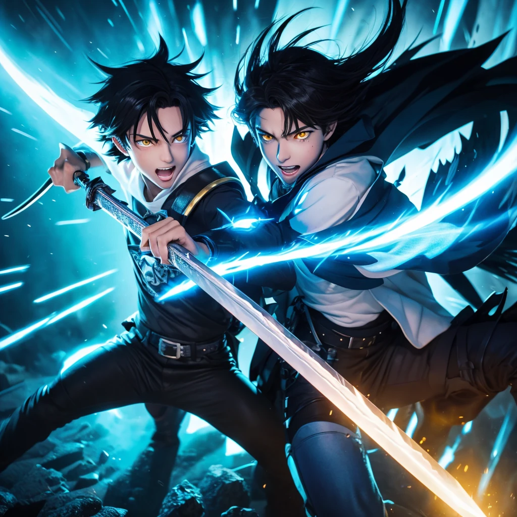 a monster standing next to a guy with blue wings that looks like he is a 1boy, glowing A close up of A man high, angle perspective, Wind Standing, of a Boys fighting, Sword with Lens lighting cool Blue fire, to High, a boy anime Highest style, by powerful Sword fight Effects, White with T-shirts with Color cape with Blue, in a shot hair, A mouth Facenya, Boys Black Hair, with the Yellow Eyes, in cool Realistis, a background sunset, digital style, Animation3D Lens flare 5K