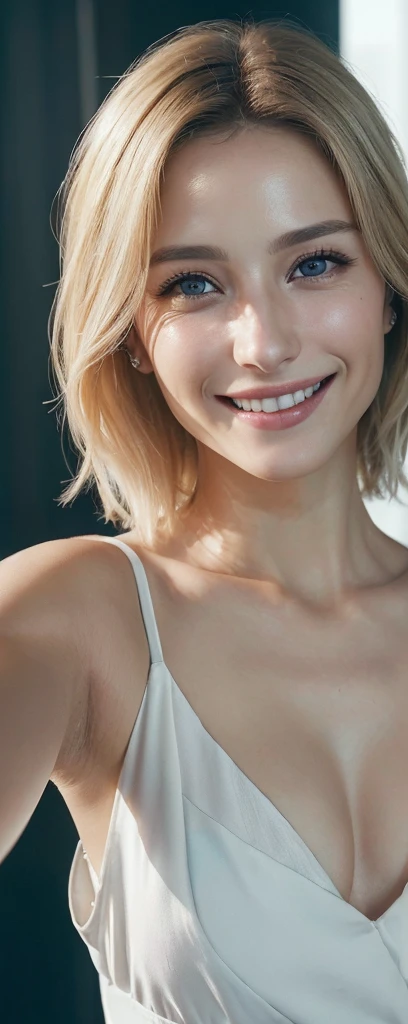 Analog Style, Model shooting style, ((Upper Body:1.4)) (Selfie:1.5) of ((Girl:1.5, White Dress)), (1人of女of子, 若い女of子), (Blonde Hair), ((smile, Beautiful Face: 1.8, Perfect Face:1.5)), 
(光沢ofあるボディ, smile), ((Pretty face: 1.7, Perfect Face:1.7)), (Highest quality:1.5, Surreal:1.5, Realistic:1.4, Highly detailed CG Unity 8k wallpaper:1.5, masterpiece:1.3, 非常に詳細なphotograph:1.2), 
(Ultra-realistic realistic texture:1.4, Realistic eyes:1.2), (Octane Rendering, Unreal Engine 5), (光と影ofエクスタシー:1.5, Deep Shadow:1.5), (Sony a7, 50mm, Film Grain:1.5, 4K UHD HDR), 
(photograph：Lee Jeffries, Greg Rutkowski and Magali Villanueva)