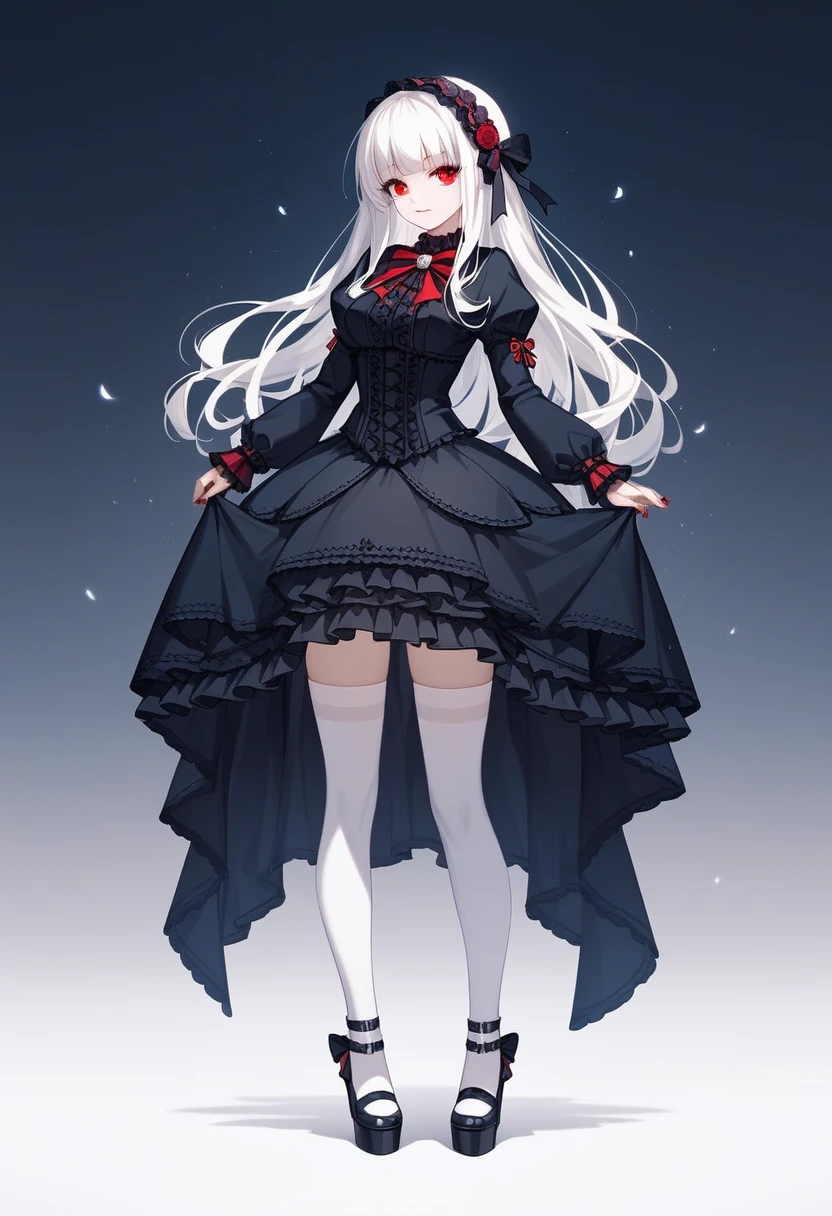 masterpiece, top-quality, ​masterpiece, top-quality,ighly detailed,{top-quality}, {{​masterpiece}}, {hight resolution},original, {extremely delicate and beautiful},​masterpiece, top-quality,ighly detailed,{top-quality},white hair, gothic lolita, full body, standing, white thighhighs, short dress, black dress,