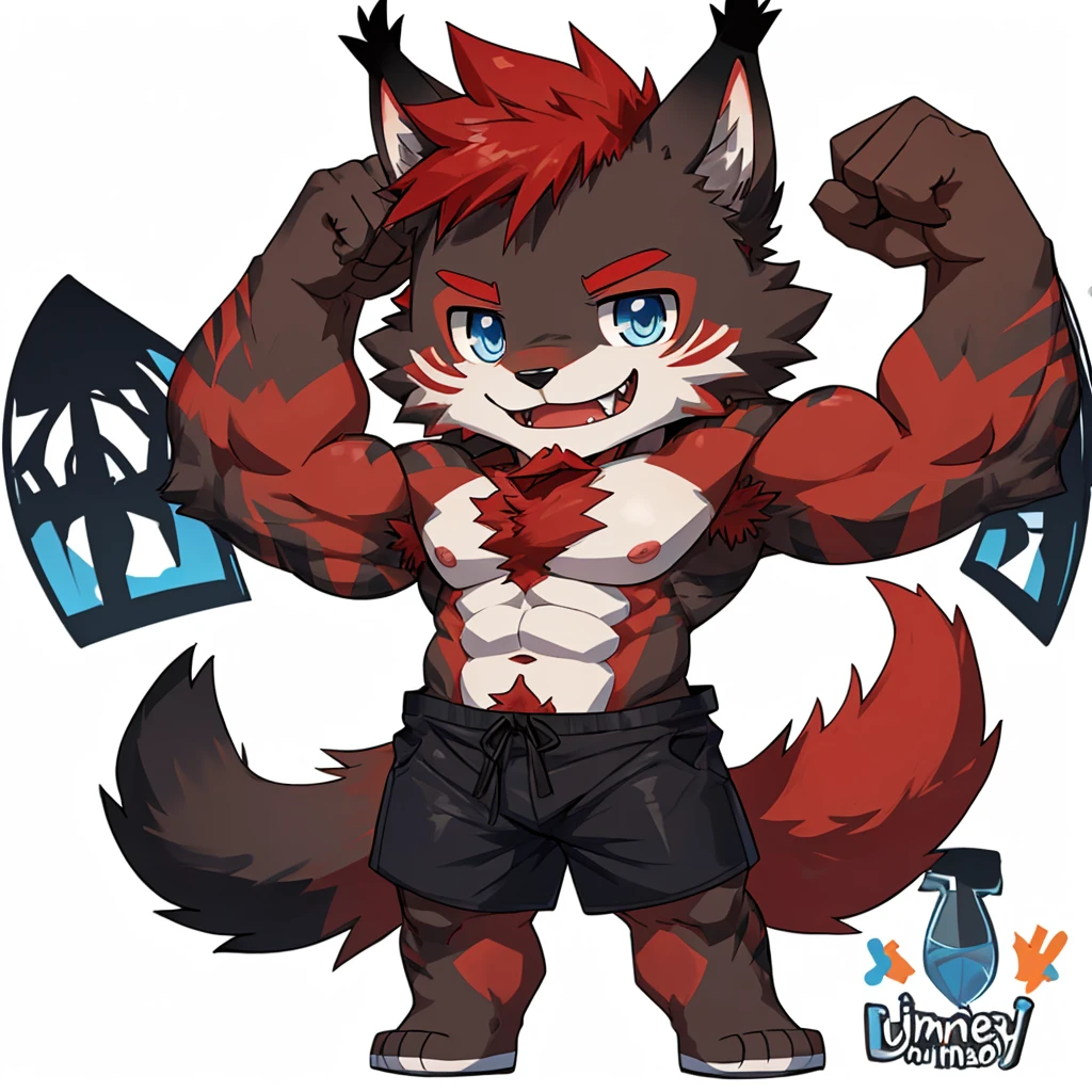 ((Furry lynx cat)), ((chibi)), chibi, chibi, chibi, chibi, body fully covered in black fur, ((fully covered in black fur)), ((black fur)), sharp fangs, sharp teeth, summer shorts outfit, cute, blue eyes, red chest hair, red eyebrows, red armpit hair, black nose, black tail, black tail with red tip, red whiskers, happy, smile, correct Anatomy, correct hand, ((white background)), (Acting happy), (hands up), enjoy, ((front view)), full body, sexy, (flexing), (muscle), black tail, black tail red tail tip, red eyebrows, red chest hair, red armpit hair, chibi, chibi, chibi, chibi