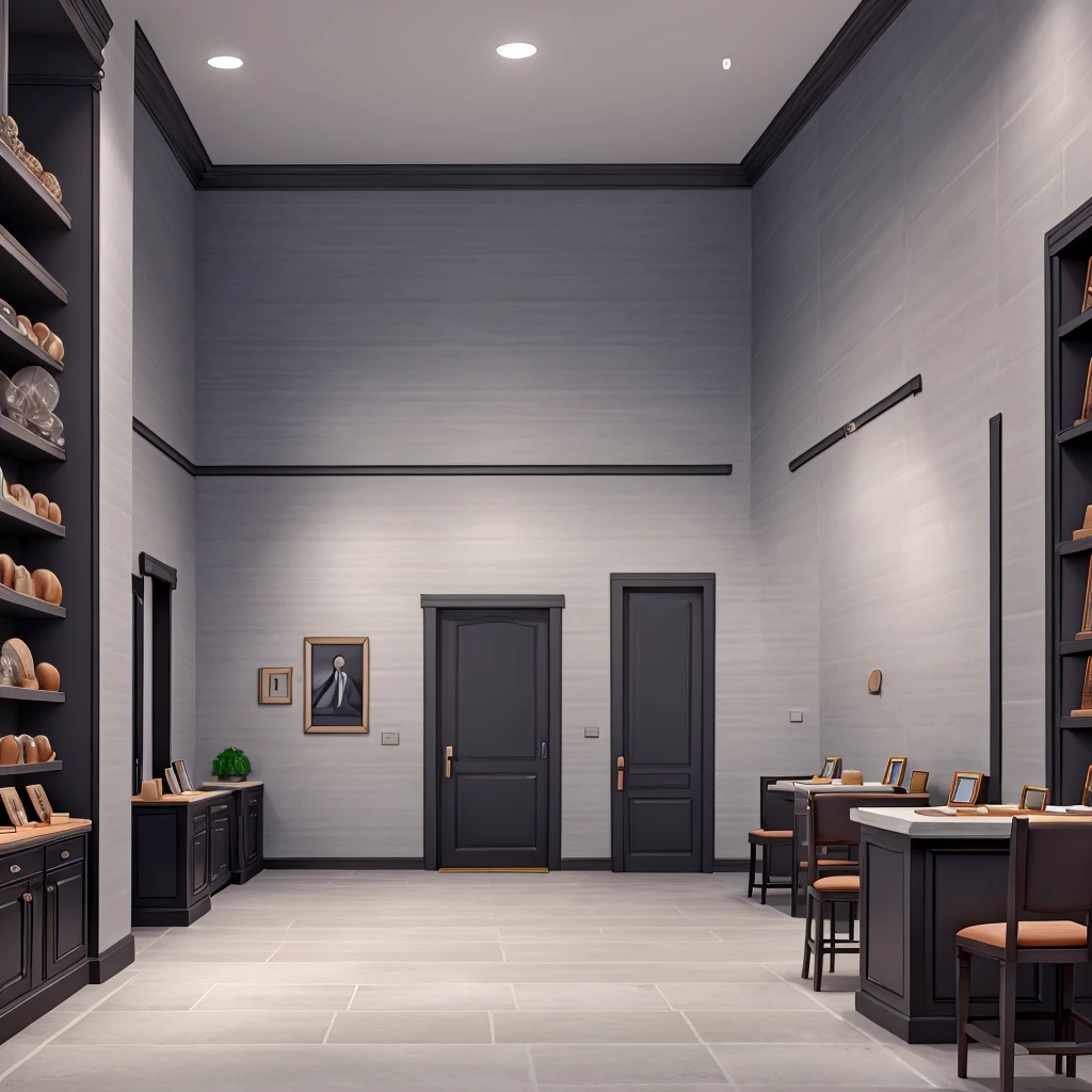 Drawing of the inside of a jewelry store with gray walls and a black counter