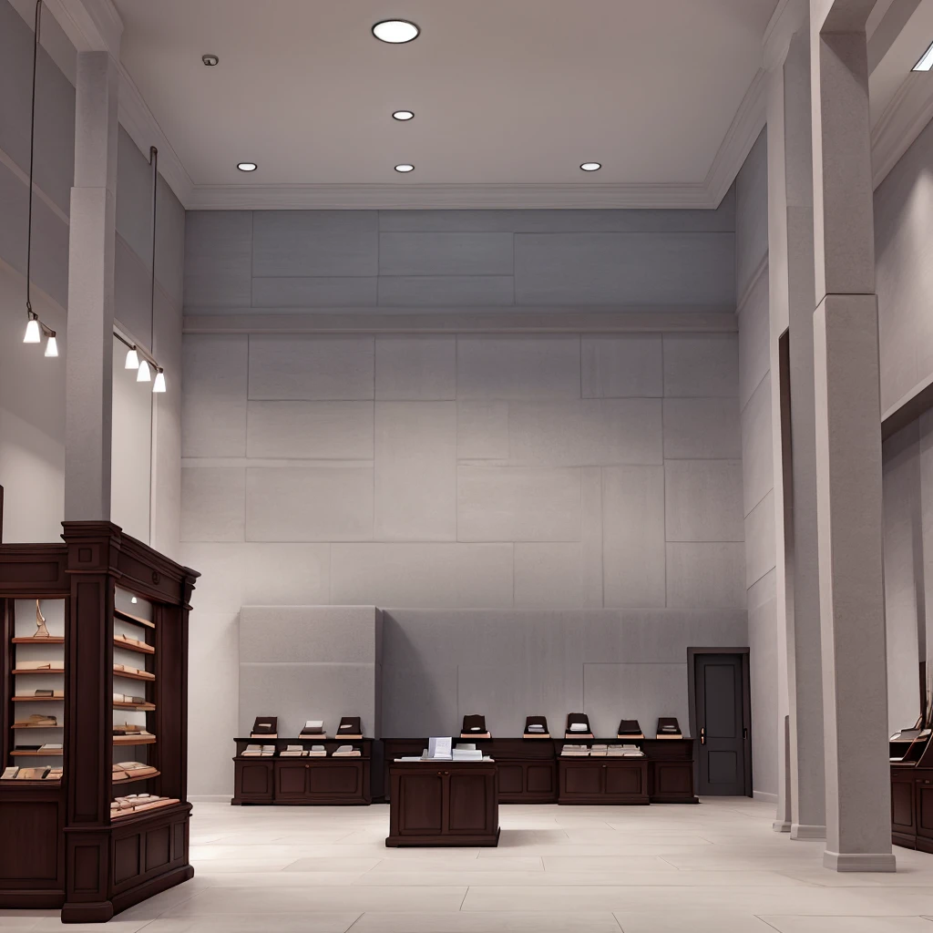 Drawing of the inside of a jewelry store with gray walls and a black counter 