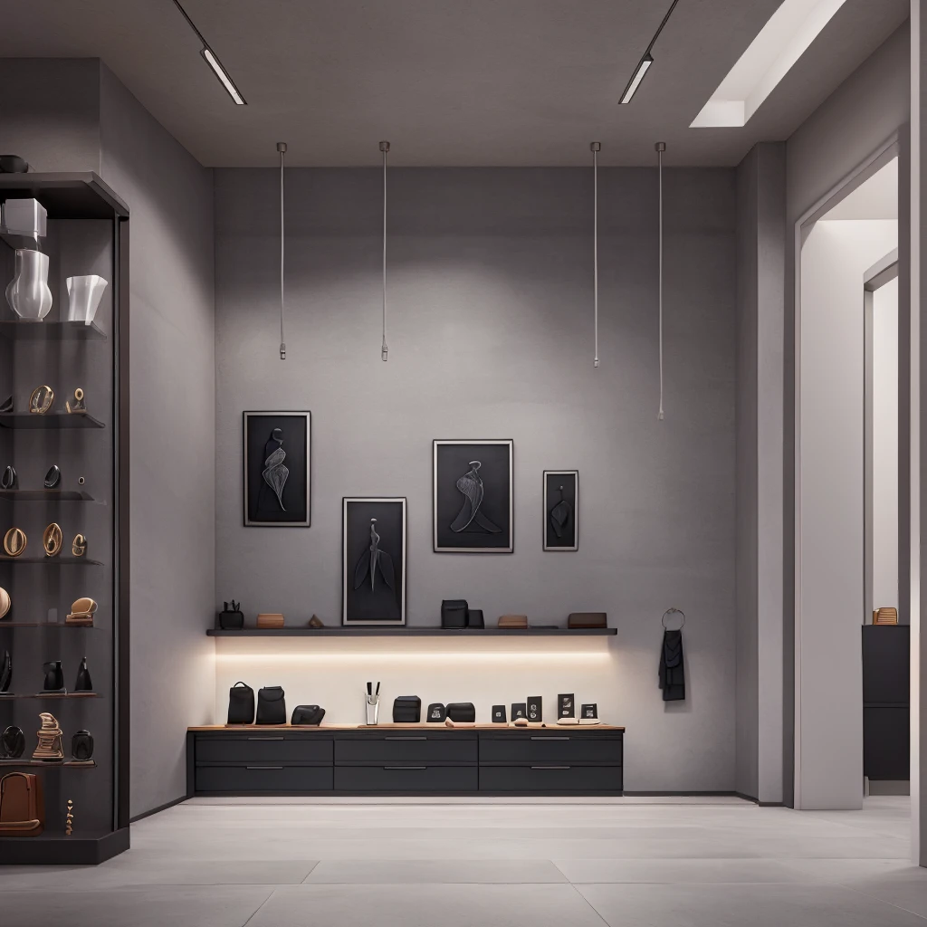 Drawing of the inside of a jewelry store with gray walls and a black counter