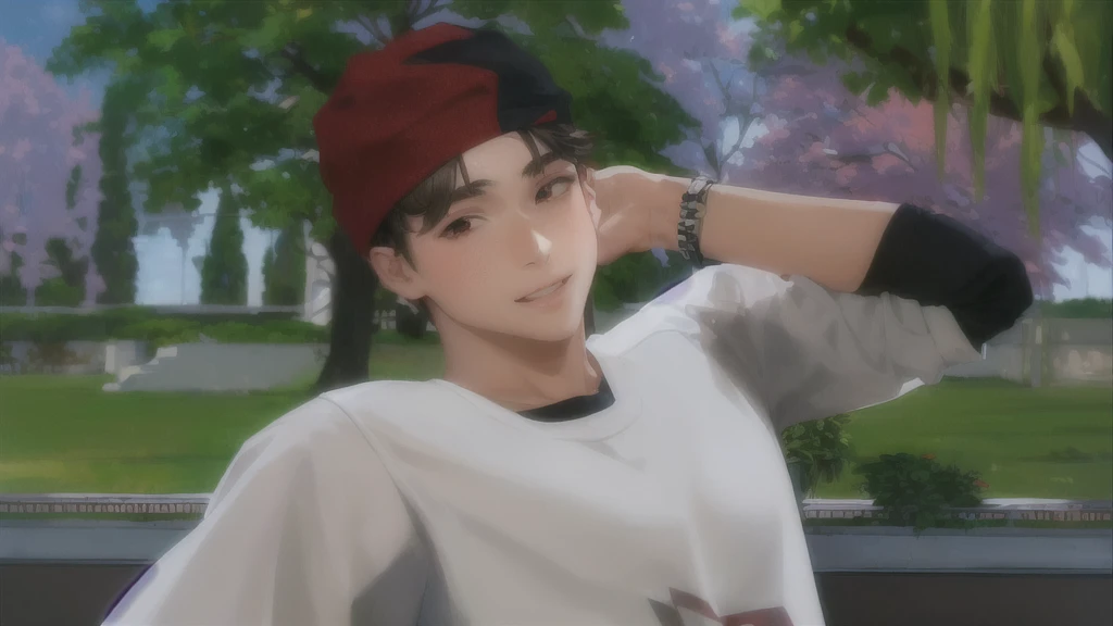 boy wearing red cap and white shirt, skin tanned, 16 years old, anime boy