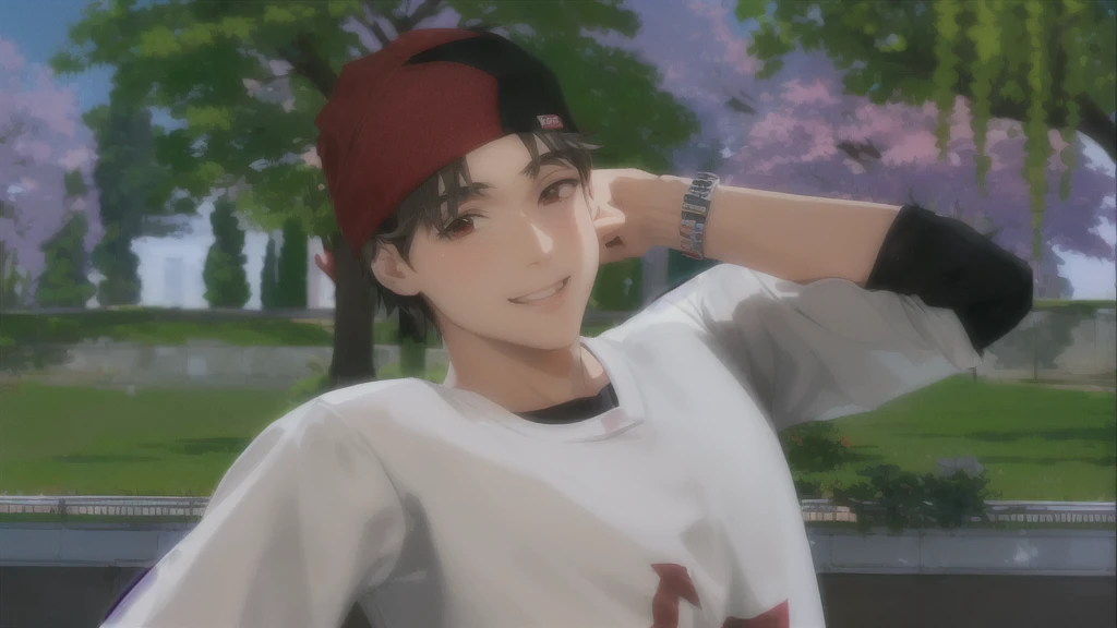 boy wearing red cap and white shirt, skin tanned, 16 years old, anime boy