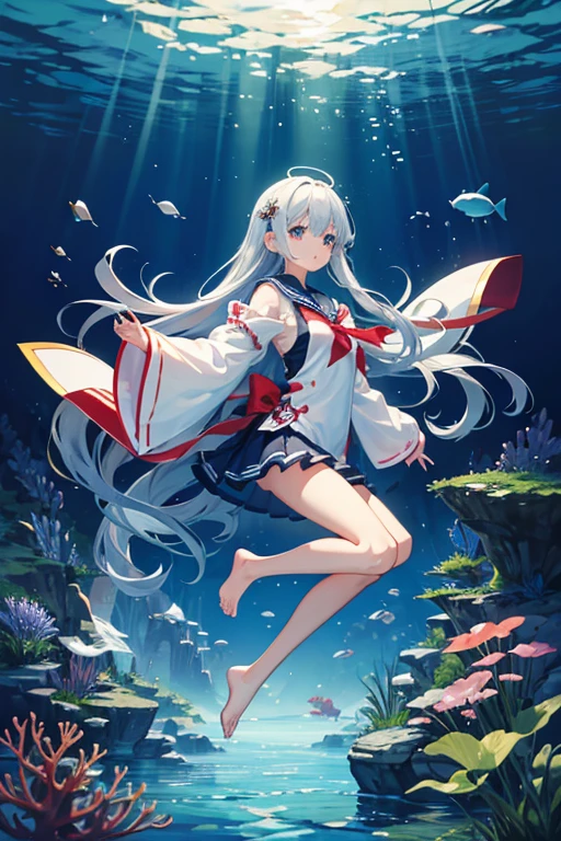 masterpiece, Highest quality, High resolution，Follow the on-screen instructions、Anime Style、Follow the prompts、One Girl、Long silver hair、Sailor suit、Inside a cylindrical aquarium、Coral Reef、fish、Falling position、Your body position when viewed from the side should look like an N.、Extend your hands towards the water、On the way down to the bottom of the sea、Look at the water surface