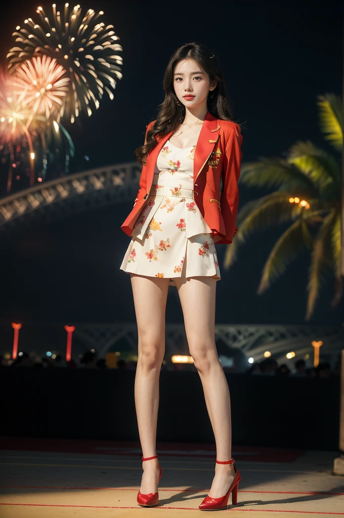 (((best quality))),(((ultra detailed))),(((masterpiece))),illustration, ((Olympic Opening Ceremony,in Paris,summer night,magnificent National stadium of France,Olympic flame, fireworks)),(crowded crowds of enthusiastic spectators:1.3),((a beautiful Chinese girl,solo)),((shoulder length straight hair:1.2)),((slim,thin)),((small breasts,flat chest)),(red blazer:1.5),(yellow dress:1.2),(slender legs:1.2),(loafers:1.2),excited expression, awe, celebrating, electric atmosphere, sense of pride, excitement, playing field, crowd energy, unity, camaraderie, representing China, historic event, memorable moment,((standing:1.2),(arms behind back:1.3),((from front,full body))