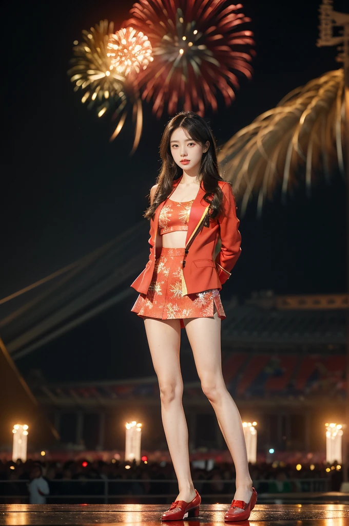 (((best quality))),(((ultra detailed))),(((masterpiece))),illustration, ((Olympic Opening Ceremony,in Paris,summer night,magnificent National stadium of France,Olympic flame, fireworks)),(crowded crowds of enthusiastic spectators:1.3),((a beautiful Chinese girl,solo)),((shoulder length straight hair:1.2)),((slim,thin)),((small breasts,flat chest)),(red blazer:1.5),(yellow dress:1.2),(slender legs:1.2),(loafers:1.2),excited expression, awe, celebrating, electric atmosphere, sense of pride, excitement, playing field, crowd energy, unity, camaraderie, representing China, historic event, memorable moment,((standing:1.2),(arms behind back:1.3),((from front,full body))