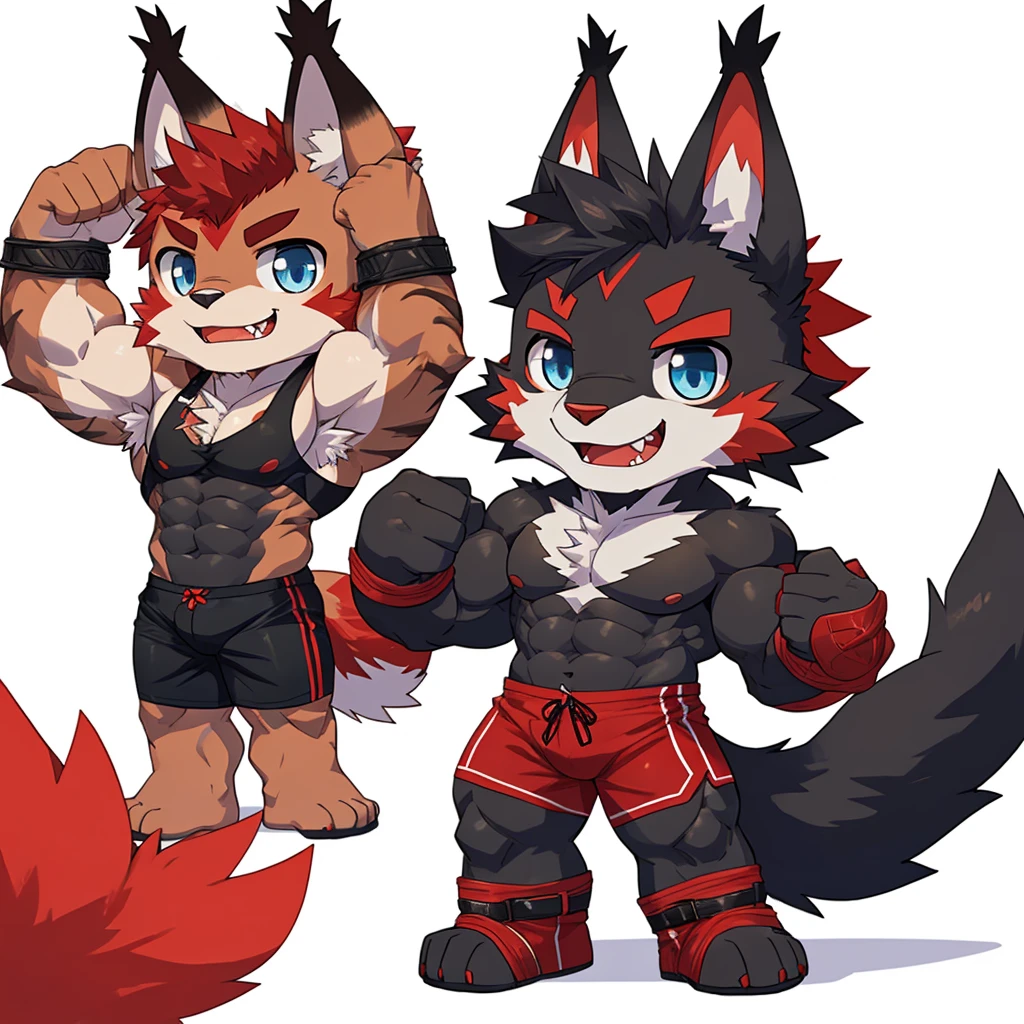 ((Furry lynx cat)), ((chibi)), chibi, chibi, chibi, chibi, body fully covered in black fur, ((fully covered in black fur)), ((black fur)), sharp fangs, sharp teeth, summer shorts outfit, cute, blue eyes, red chest hair, red eyebrows, red armpit hair, black nose, black tail, black tail with red tip, red whiskers, happy, smile, correct Anatomy, correct hand, ((white background)), (Acting happy), (hands up), enjoy, ((front view)), full body, sexy, (flexing), (muscle), black tail, black tail red tail tip, red eyebrows, red chest hair, red armpit hair, chibi, chibi, chibi, chibi