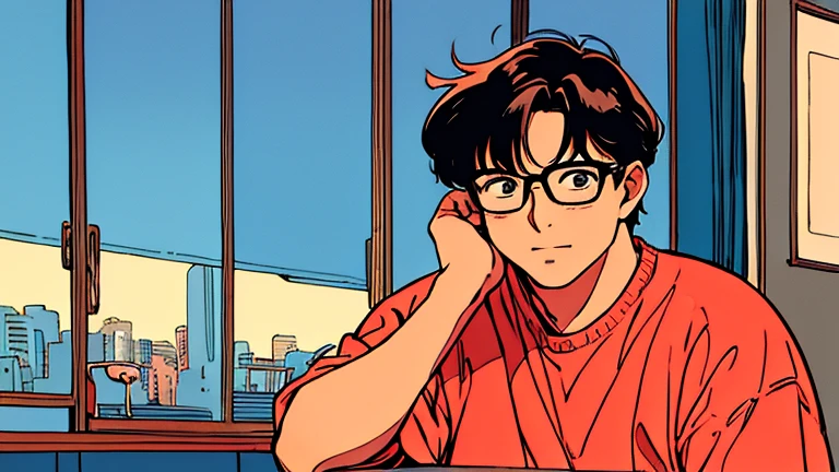 City Pop、Eating loquat、Adult man and son、wear glasses、designer、Emotional