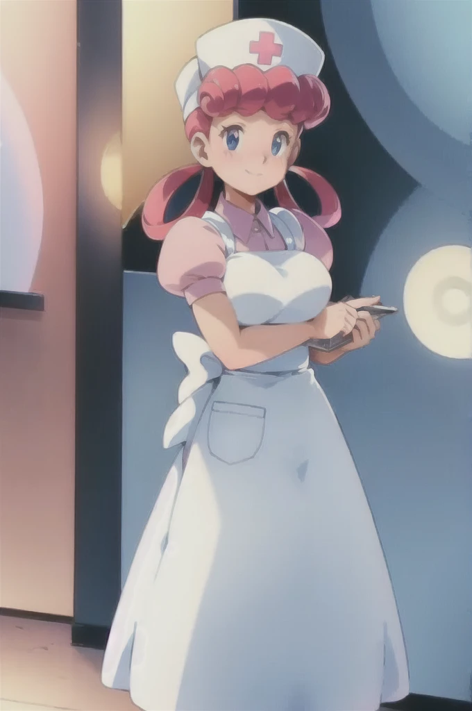 (masterpiece, Highest quality:1.2), nurse joy, Pokemon, blue eyes, Mouth closed, Long Hair, Pink Hair, Short sleeve, nurse, blush, Holding, puffy Short sleeve, Large Breasts, Puff sleeves,  nurse cap, One girl, View your viewers, smile, alone, Have, dress, apron, Hair Ring, clipboard 