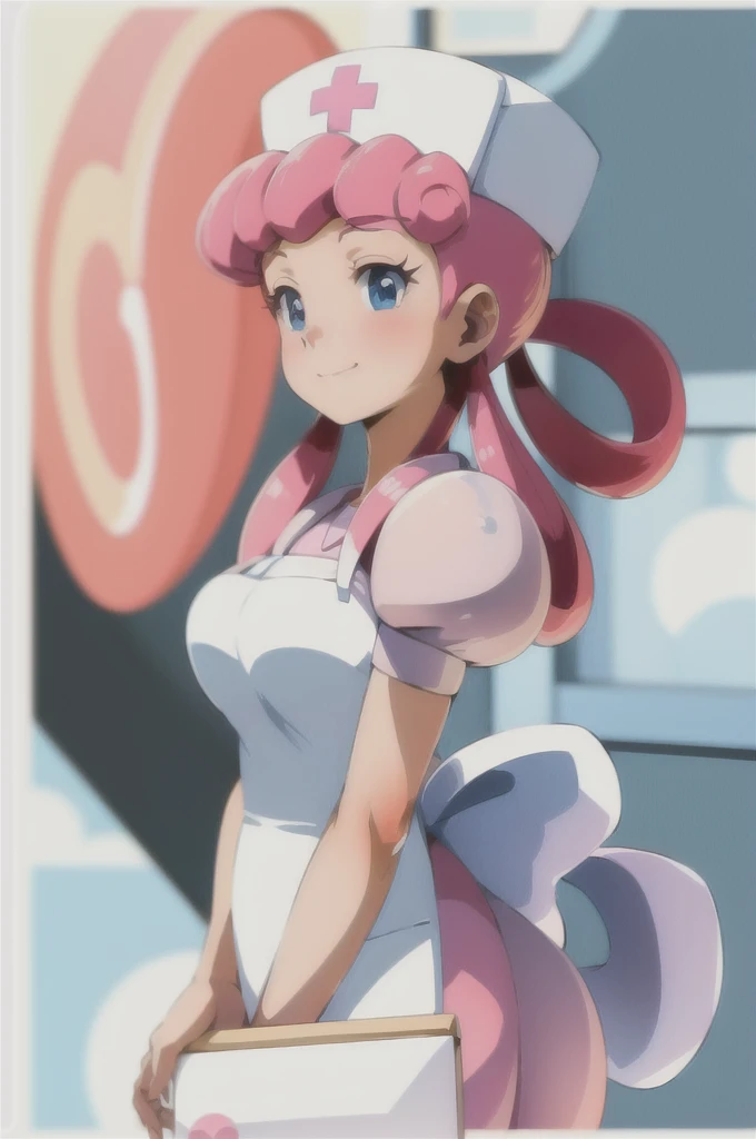 (masterpiece, Highest quality:1.2), nurse joy, Pokemon, blue eyes, Mouth closed, Long Hair, Pink Hair, Short sleeve, nurse, blush, Holding, puffy Short sleeve, Large Breasts, Puff sleeves,  nurse cap, One girl, View your viewers, smile, alone, Have, dress, apron, Hair Ring, clipboard 