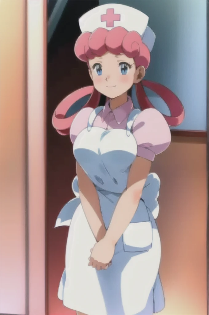 (masterpiece, Highest quality:1.2), nurse joy, Pokemon, blue eyes, Mouth closed, Long Hair, Pink Hair, Short sleeve, nurse, blush, Holding, puffy Short sleeve, Large Breasts, Puff sleeves, nurse cap, One girl, View your viewers, smile, alone, Have, dress, apron, Hair Ring, clipboard