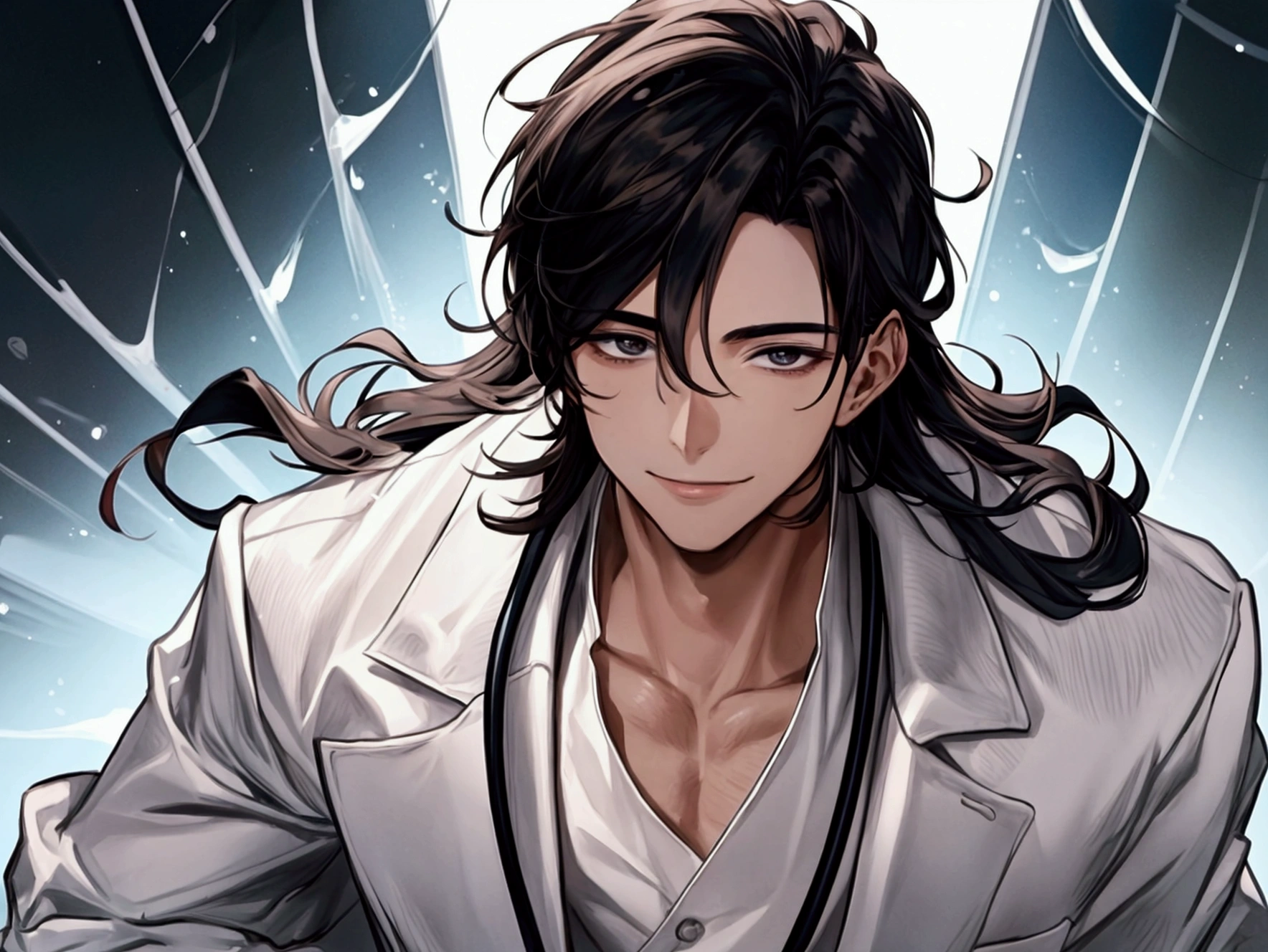 masterpiece,Dynamic Angle,Face close-up,masterpiece,30 year old mature male doctor,Horny,smile,One person、excited,transformation,Black Hair,Slightly longer hair, Scientist,Wear a white coat as a doctor's outfit,(White Undershirt 1.5),The background is the laboratory.,
