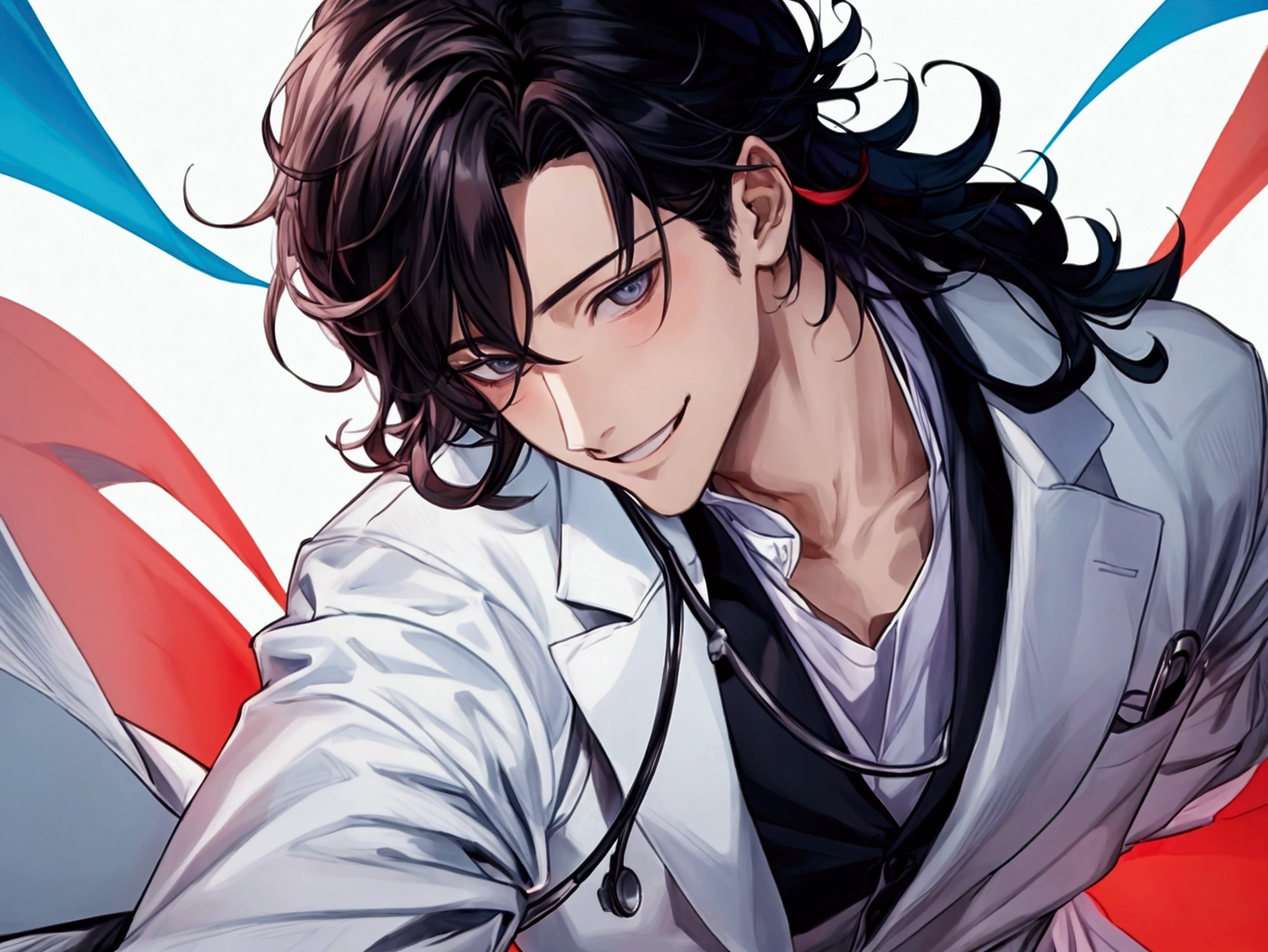 masterpiece,Dynamic Angle,Face close-up,masterpiece,30 year old mature male doctor,Horny,smile,One person、excited,transformation,Black Hair,Slightly longer hair, Scientist,Wear a white coat as a doctor's outfit,(White Undershirt 1.5),The background is the laboratory.,
