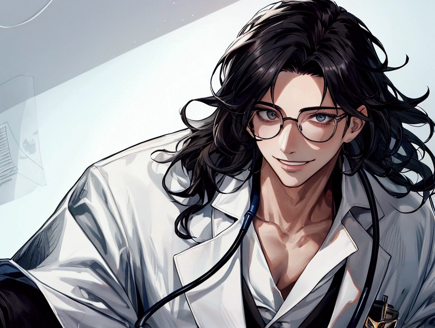 masterpiece,Dynamic Angle,Face close-up,masterpiece,30 year old mature male doctor,Horny,smile,One person、excited,transformation,Black Hair,Slightly longer hair, Scientist,Wear a white coat as a doctor's outfit,(White Undershirt 1.5),The background is the laboratory.,