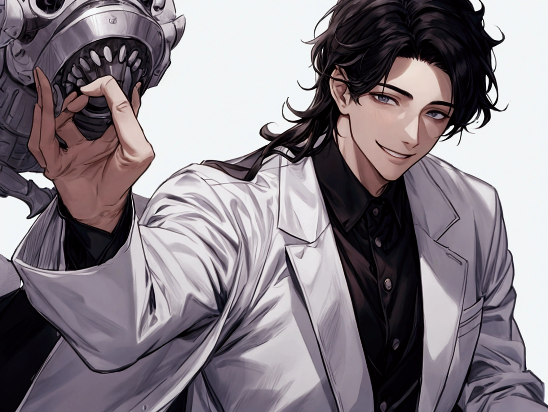 masterpiece,Dynamic Angle,Face close-up,masterpiece,30 year old mature male doctor,?????,smile,One person、excited,transformation,Black Hair,Slightly longer hair, Scientist,Wear a white coat as a doctor's outfit,(White Undershirt 1.5),The background is the laboratory.,