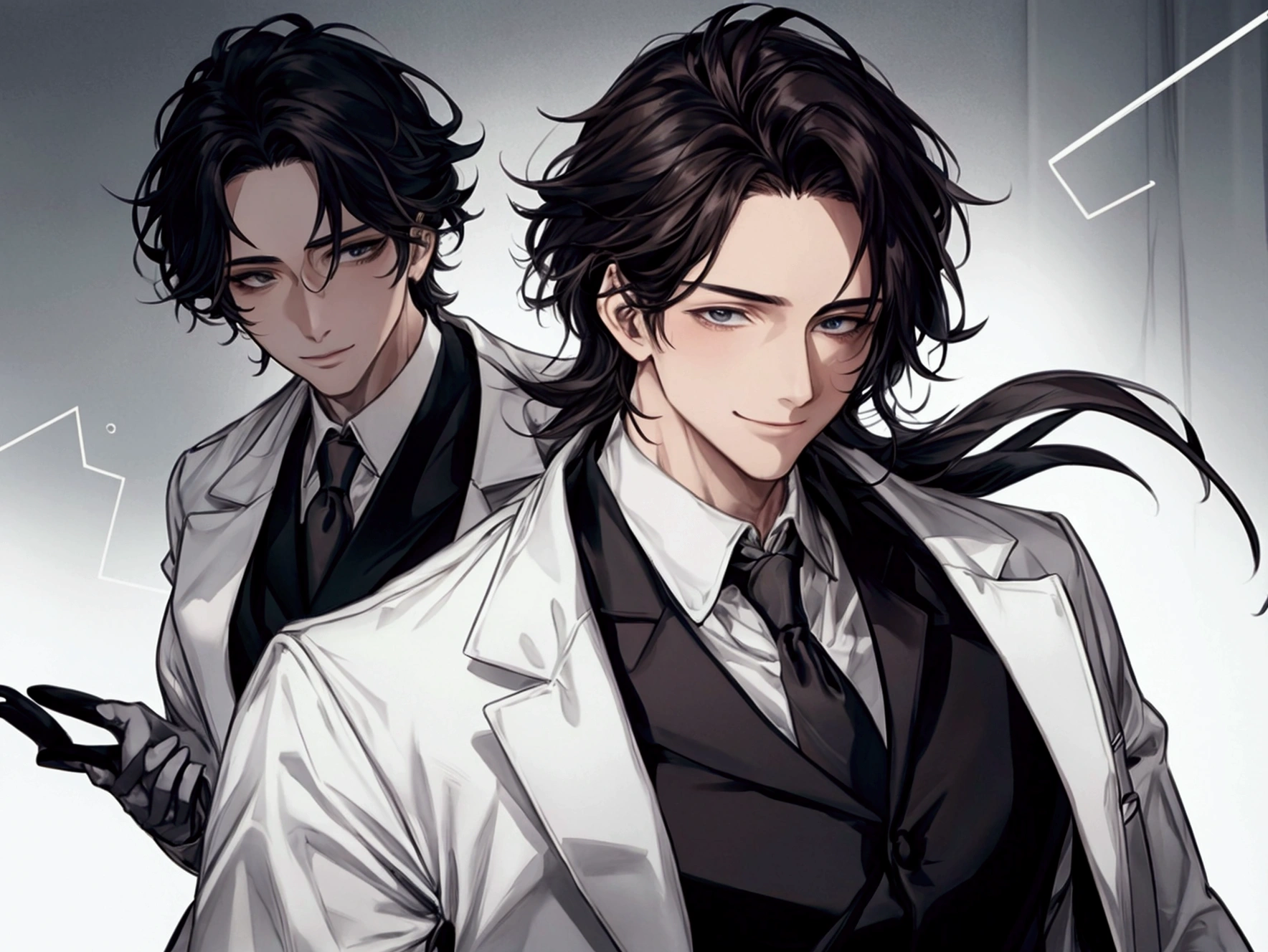 masterpiece,Dynamic Angle,Face close-up,masterpiece,30 year old mature male doctor，Horny,smile,One person、excited,transformation,Black Hair,Slightly longer hair, Scientist,Wear a white coat as a doctor&#39;s outfit，（White Undershirt 1.5）,The background is the laboratory.,