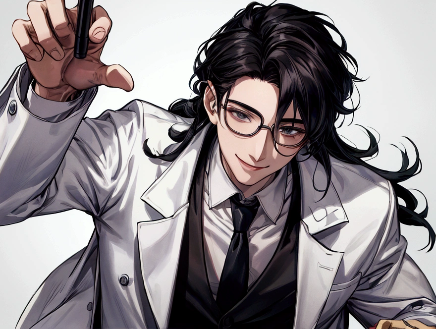 masterpiece,Dynamic Angle,Face close-up,masterpiece,30 year old mature male doctor,Horny,smile,One person、excited,transformation,Black Hair,Slightly longer hair, Scientist,Wear a white coat as a doctor's outfit,(White Undershirt 1.5),The background is the laboratory.,