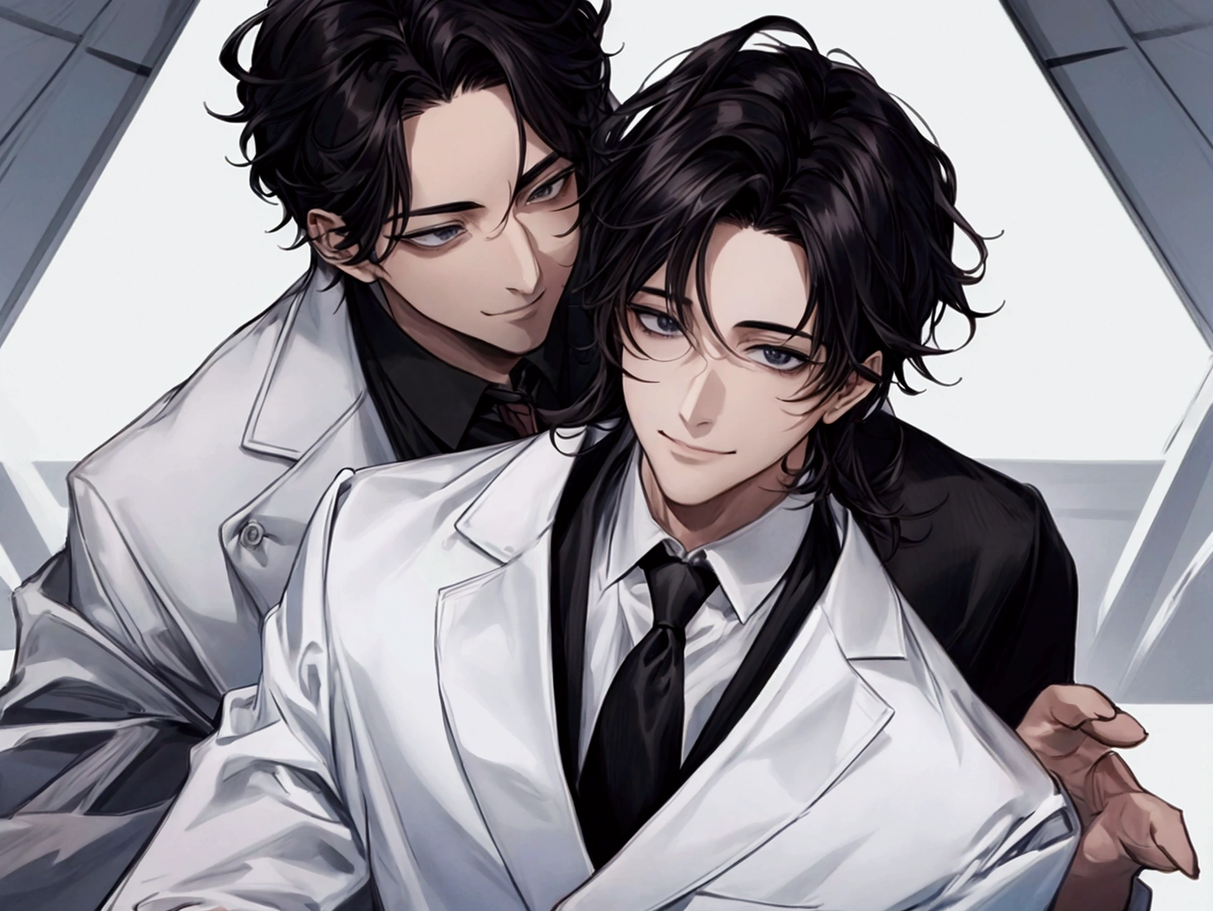 masterpiece,Dynamic Angle,Face close-up,masterpiece,30 year old mature male doctor，Horny,smile,One person、excited,transformation,Black Hair,Slightly longer hair, Scientist,Wear a white coat as a doctor&#39;s outfit，（White Undershirt 1.5）,The background is the laboratory.,