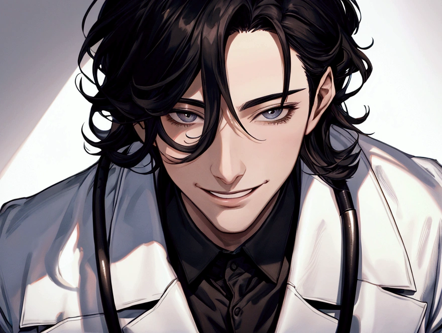 masterpiece,Dynamic Angle,Face close-up,masterpiece,30 year old mature male doctor,Horny,smile,One person、excited,transformation,Black Hair,Slightly longer hair, Scientist,Wear a white coat as a doctor's outfit,(White Undershirt 1.5),The background is the laboratory.,
