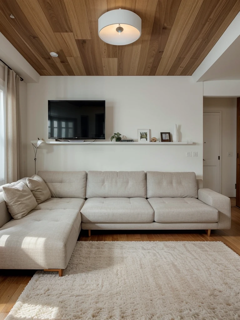 Create a contemporary and minimalistic living space that exudes elegance. The room should have a spacious white sectional sofa placed on a light wooden floor. Include a large, neutral-colored rug to add warmth to the space. The walls should be a light, soft hue to maintain the room's open and airy atmosphere. Mount a large flat-screen TV on the wall opposite the sofa, with a streamlined media console below. Integrate recessed lighting in the ceiling and along the wall edges for a cozy glow. Place a small, round wooden side table by the sofa to complement the overall design