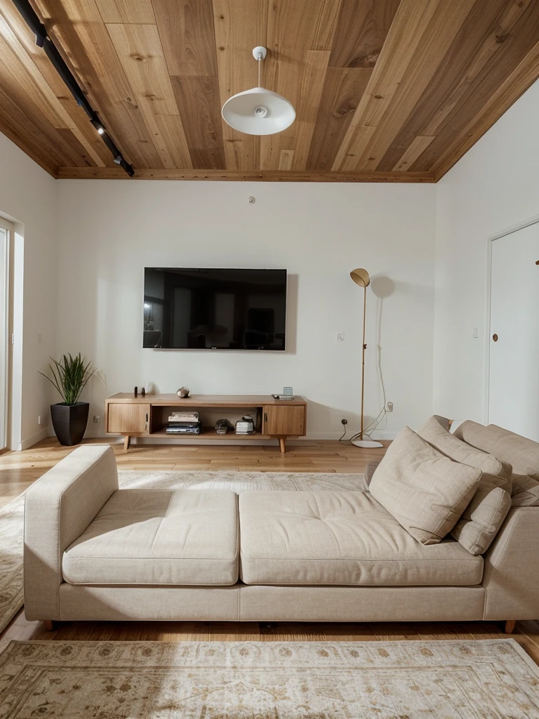Create a contemporary and minimalistic living space that exudes elegance. The room should have a spacious white sectional sofa placed on a light wooden floor. Include a large, neutral-colored rug to add warmth to the space. The walls should be a light, soft hue to maintain the room's open and airy atmosphere. Mount a large flat-screen TV on the wall opposite the sofa, with a streamlined media console below. Integrate recessed lighting in the ceiling and along the wall edges for a cozy glow. Place a small, round wooden side table by the sofa to complement the overall design