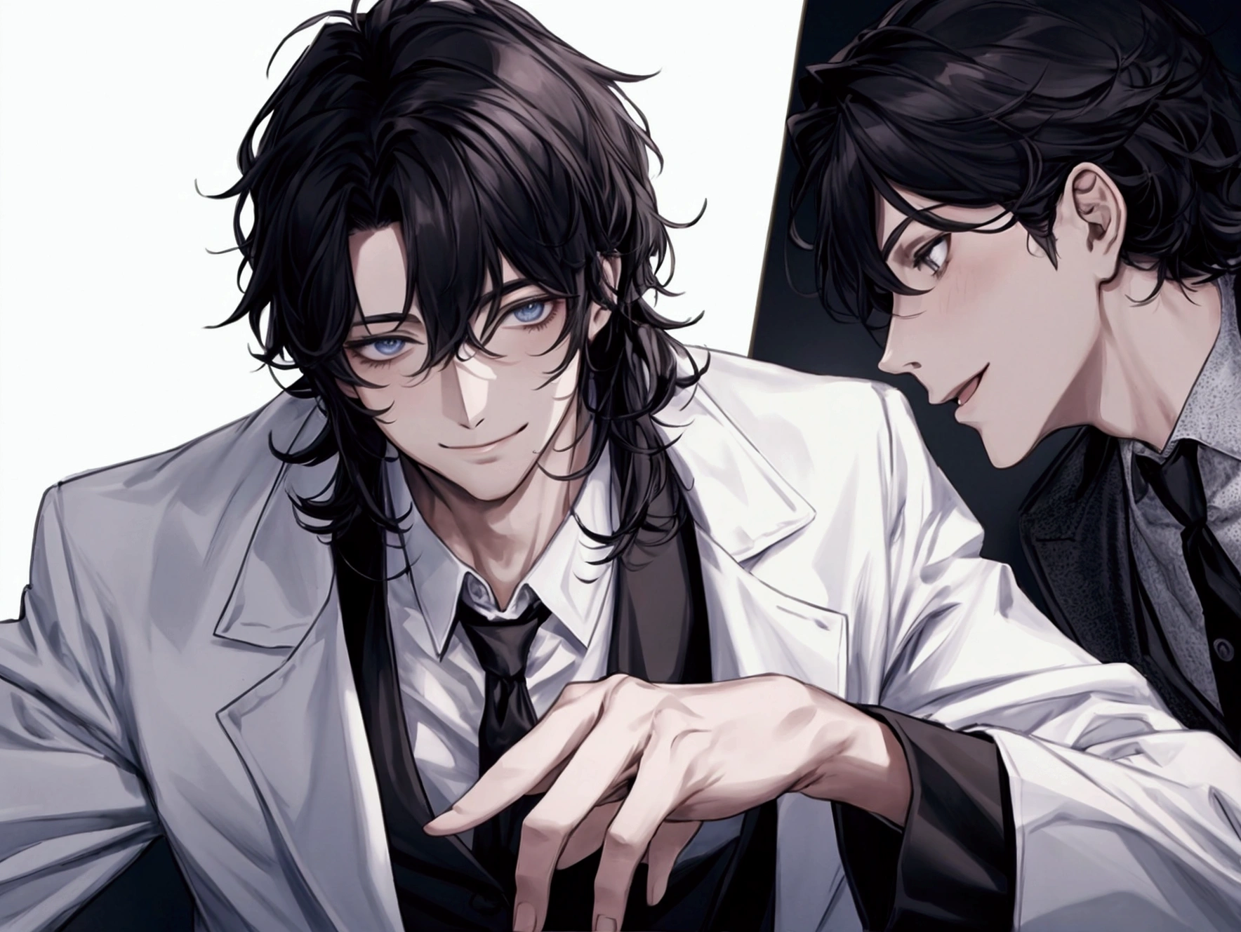 masterpiece,Dynamic Angle,Face close-up,masterpiece,30 year old mature male doctor,Horny,smile,One person、excited,transformation,Black Hair,Slightly longer hair, Scientist,Wear a white coat as a doctor's outfit,(White Undershirt 1.5),The background is the laboratory.,